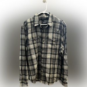 MENS TRUE RELIGION GRAY BLACK GREEN FLANNEL PLAID BUTTON DOWN TOP SHIRT SIZE XL